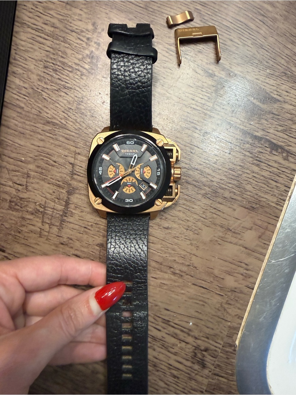 Diesel Black Leather Strap Watch with Gold Case and Black Dial - Picture 2 of 8
